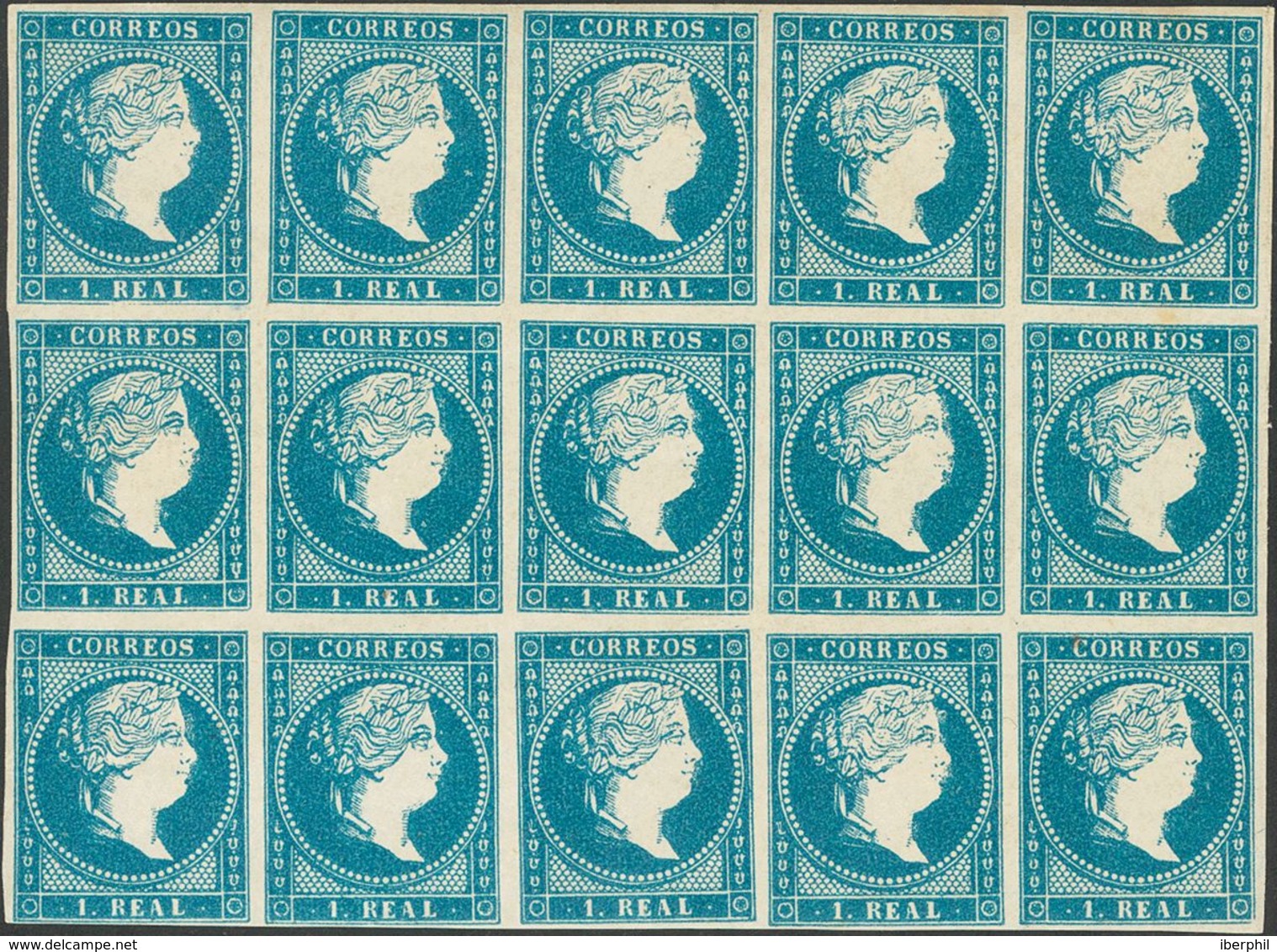 **49(15). 1855. 1 Real Azul, Bloque De Quince Sellos. MAGNIFICO. Edifil 2014: +607 Euros - Sonstige & Ohne Zuordnung