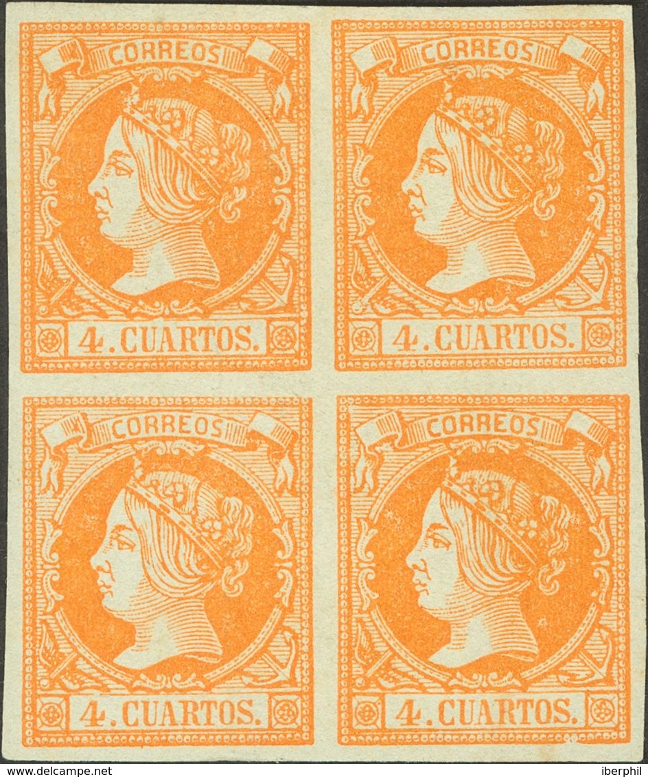 (*)52(4). 1860. 4 Cuartos Naranja, Bloque De Cuatro (los Dos Sellos Inferiores Ligeras Manchitas Visibles Sólo A Lámpara - Autres & Non Classés