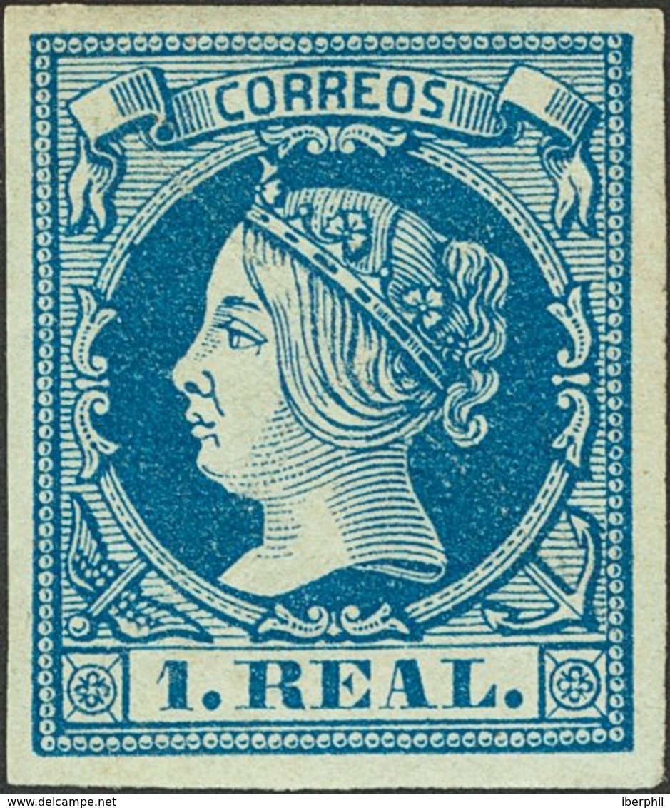 *55. 1860. 1 Real Azul (leve Corte Reparado). MAGNIFICO. - Autres & Non Classés