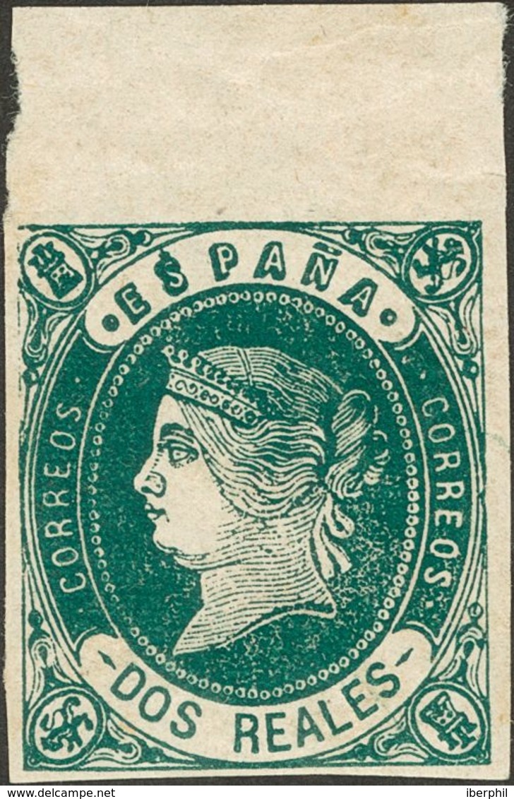 *62. 1862. 2 Reales Verde, Borde De Hoja. Color Muy Intenso. PIEZA DE LUJO. - Autres & Non Classés