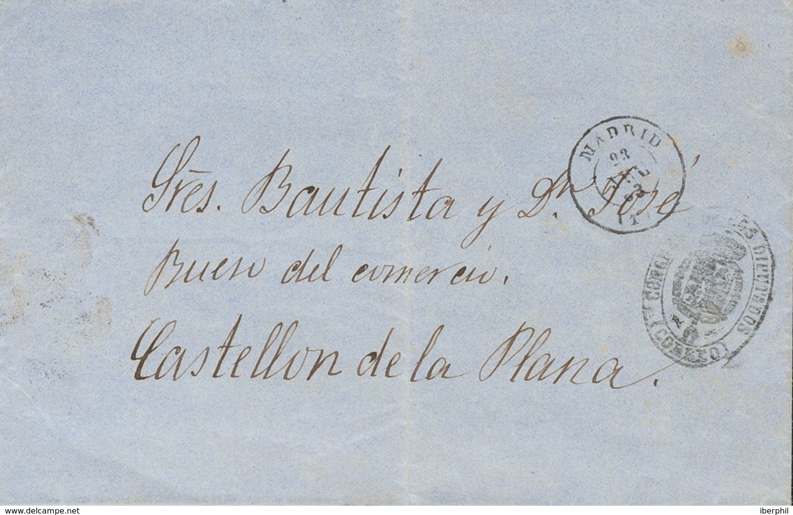 Sobre . 1863. MADRID A CASTELLON. Marca De Franquicia CONGRESO DE LOS DIPUTADOS / (CORREO), En Negro. MAGNIFICA Y RARA. - Autres & Non Classés