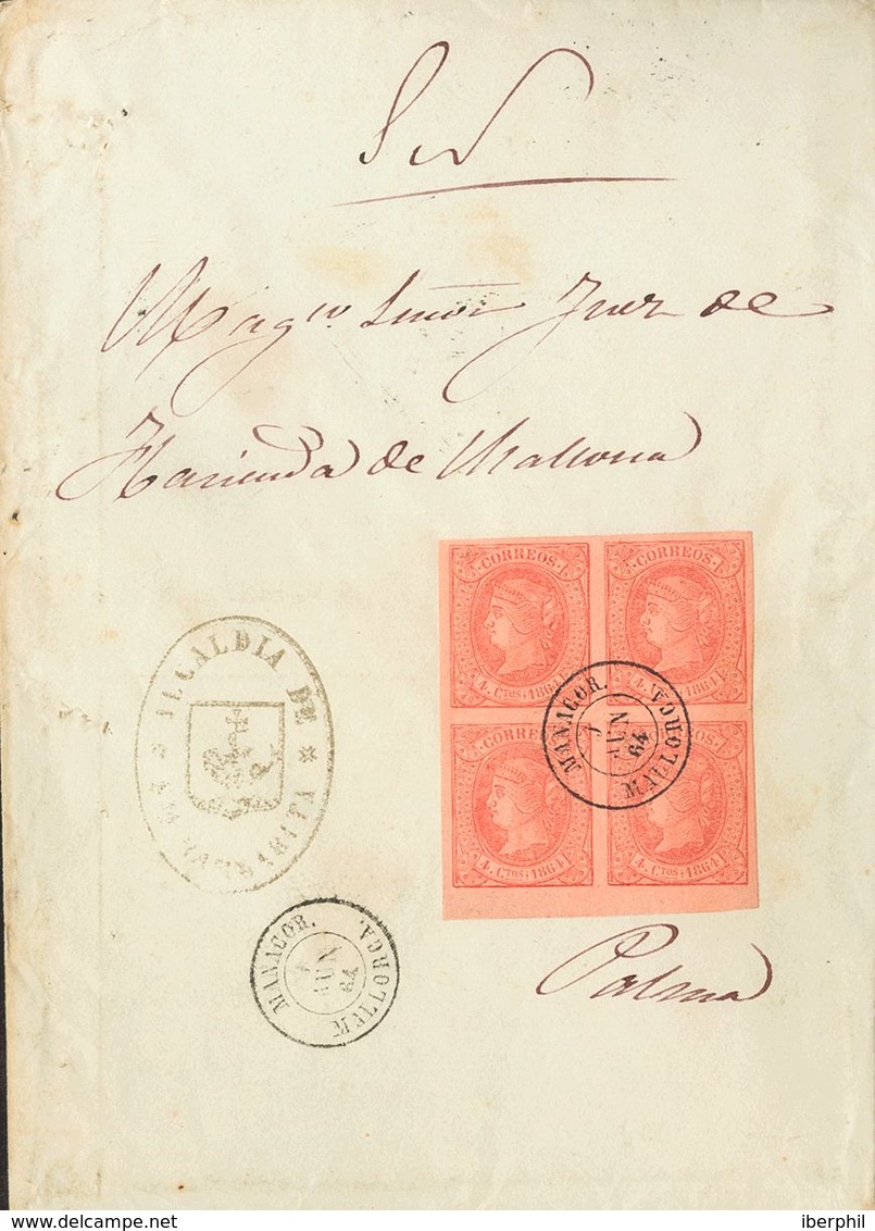 Sobre 64(4). 1864. 4 Cuartos Rojo, Bloque De Cuatro. SANTA MARGARITA (BALEARES) A PALMA DE MALORCA. Matasello MANACOR /  - Autres & Non Classés