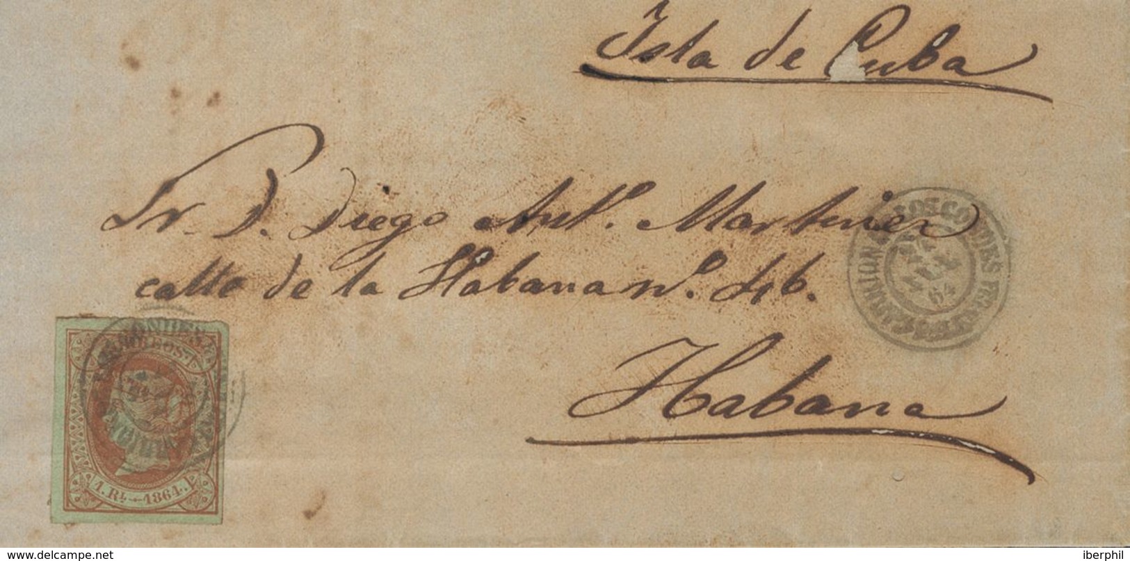 Sobre 67. 1864. 1 Real Castaño. CARRION DE LOS CONDES A LA HABANA (CUBA) (ligeramente Tropicalizada). Matasello CARRION  - Andere & Zonder Classificatie