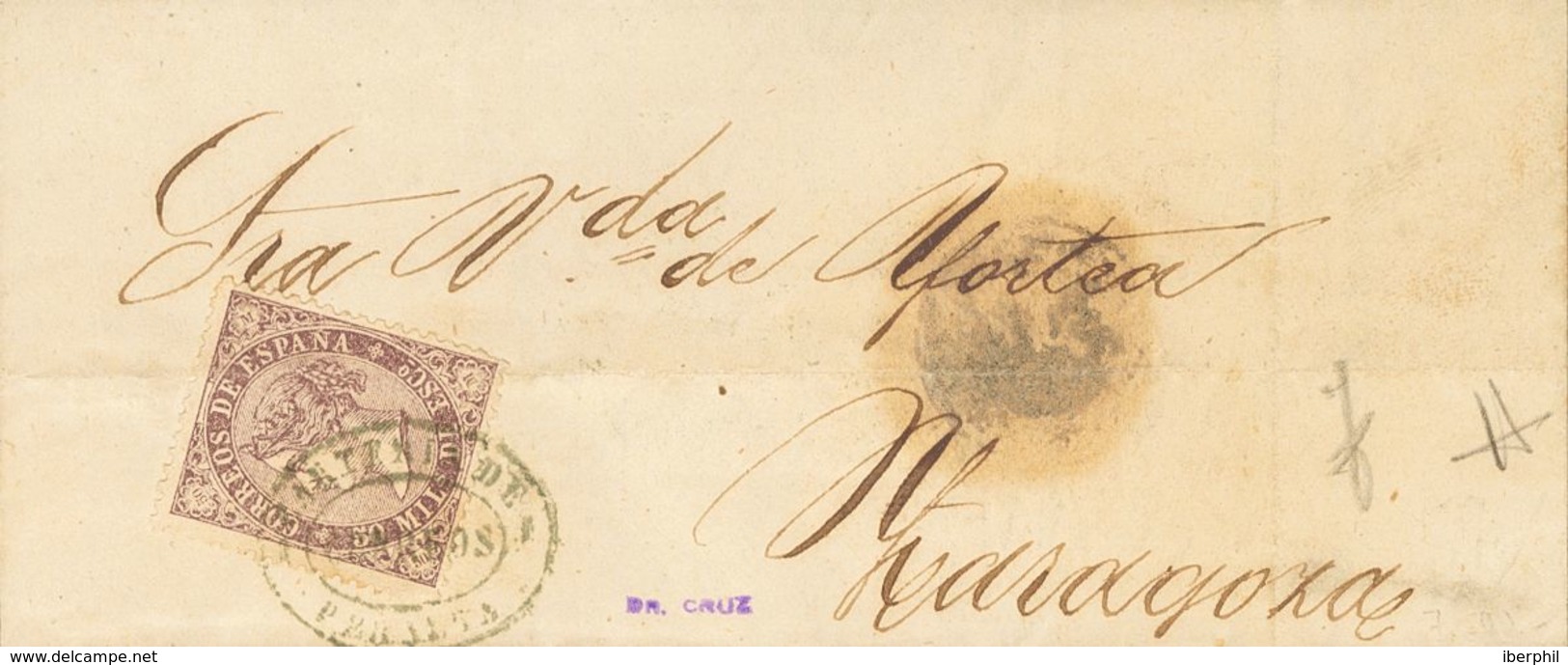 Sobre 98. 1869. 50 Mils Violeta. PERALTA (NAVARRA) A ZARAGOZA. Matasello Especial Oval CARTERIA DE / PERALTA, En Azul. M - Autres & Non Classés