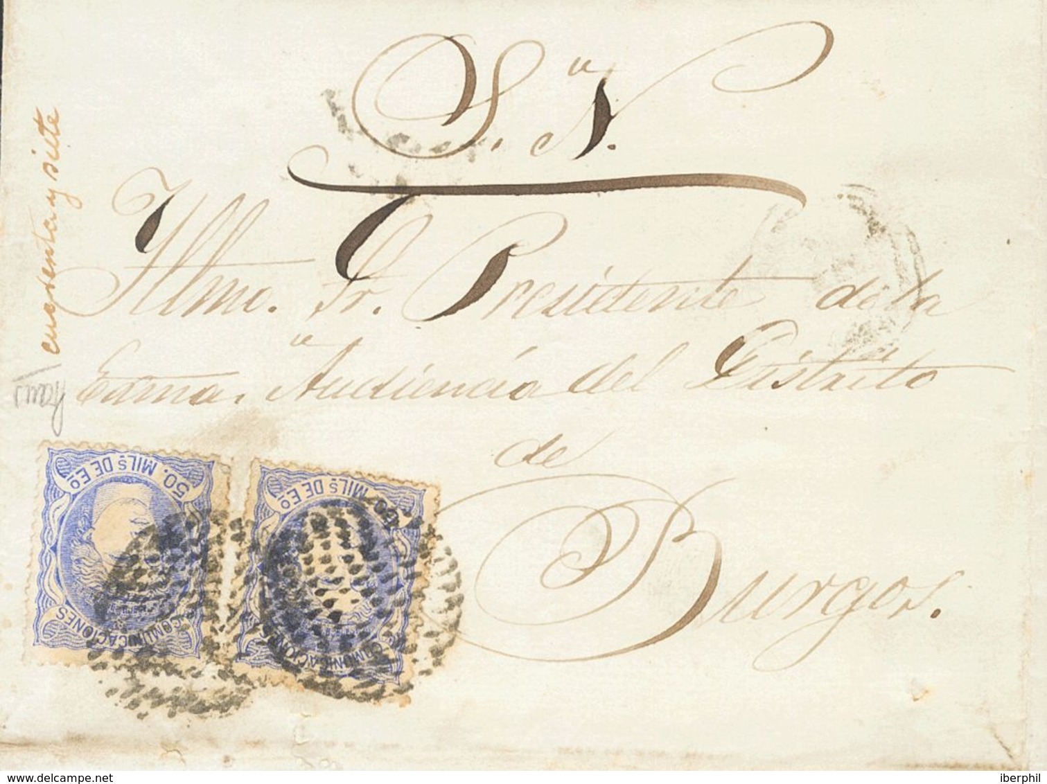 Sobre 107. (1870ca). 50 Mils Ultramar, Dos Sellos. SANTANDER A BURGOS. Matasello CIRCULO DE PUNTOS, De Santader. MAGNIFI - Other & Unclassified