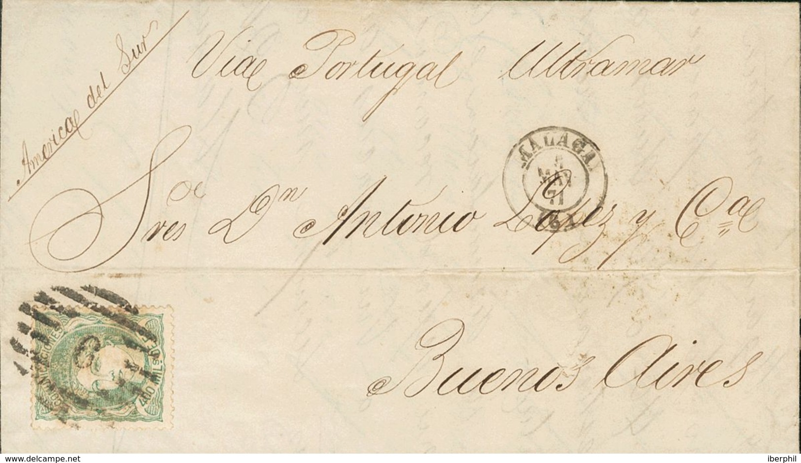 Sobre 110. 1871. 400 Mils Verde. MALAGA A BUENOS AIRES (ARGENTINA). Matasello PARRILLA CON Nº6, Al Dorso Marca DESPUES / - Andere & Zonder Classificatie