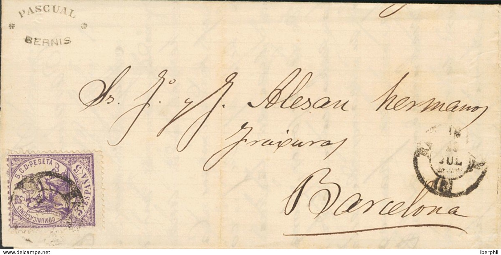 Sobre 144. 1875. 5 Cts Lila. TOLOSA (TARRAGONA) A BARCELONA, Encaminada Privadamente Hasta BARCELONA Y Depositada En El  - Autres & Non Classés