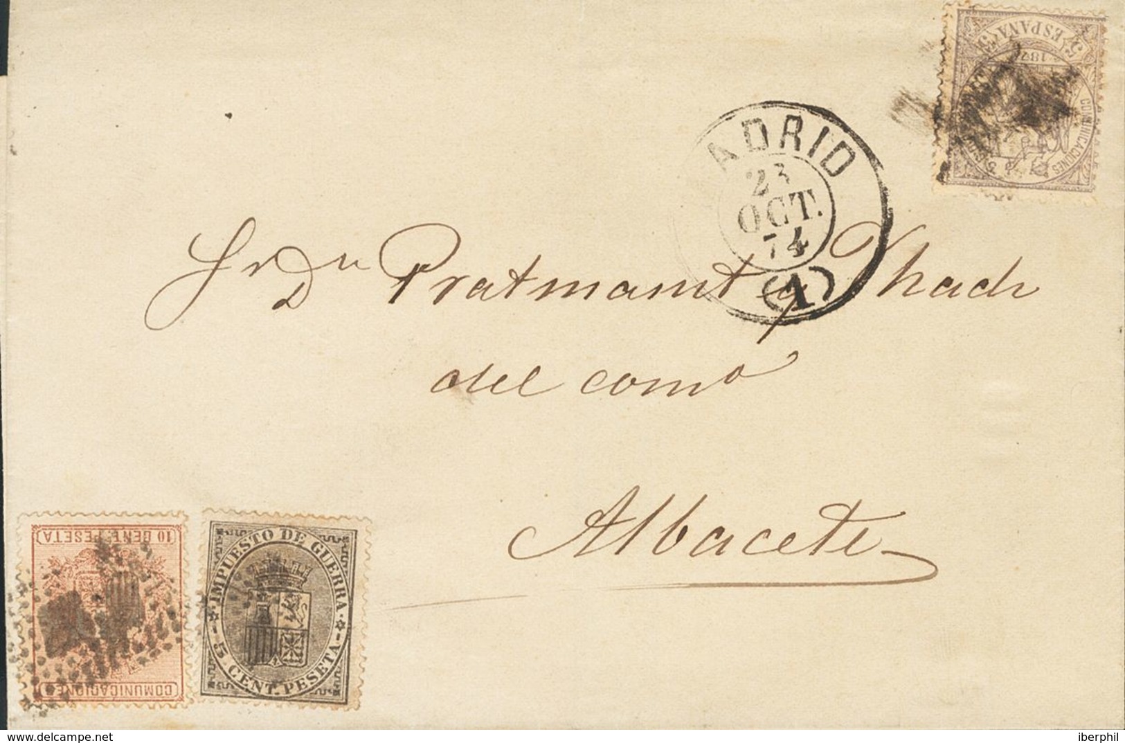 Sobre 153, 141, 144. 1874. 10 Cts Castaño, 5 Cts Negro (Impuesto De Guerra) Y 5 Cts Lila. MADRID A ALBACETE. MAGNIFICA Y - Other & Unclassified