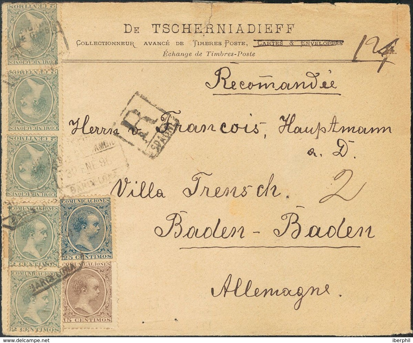 Sobre 213(5), 219, 221. 1896. 2 Cts Verde, Cinco Sellos, 15 Cts Castaño Y 25 Cts Azul. Carta Con Membrete Del Coleccioni - Other & Unclassified