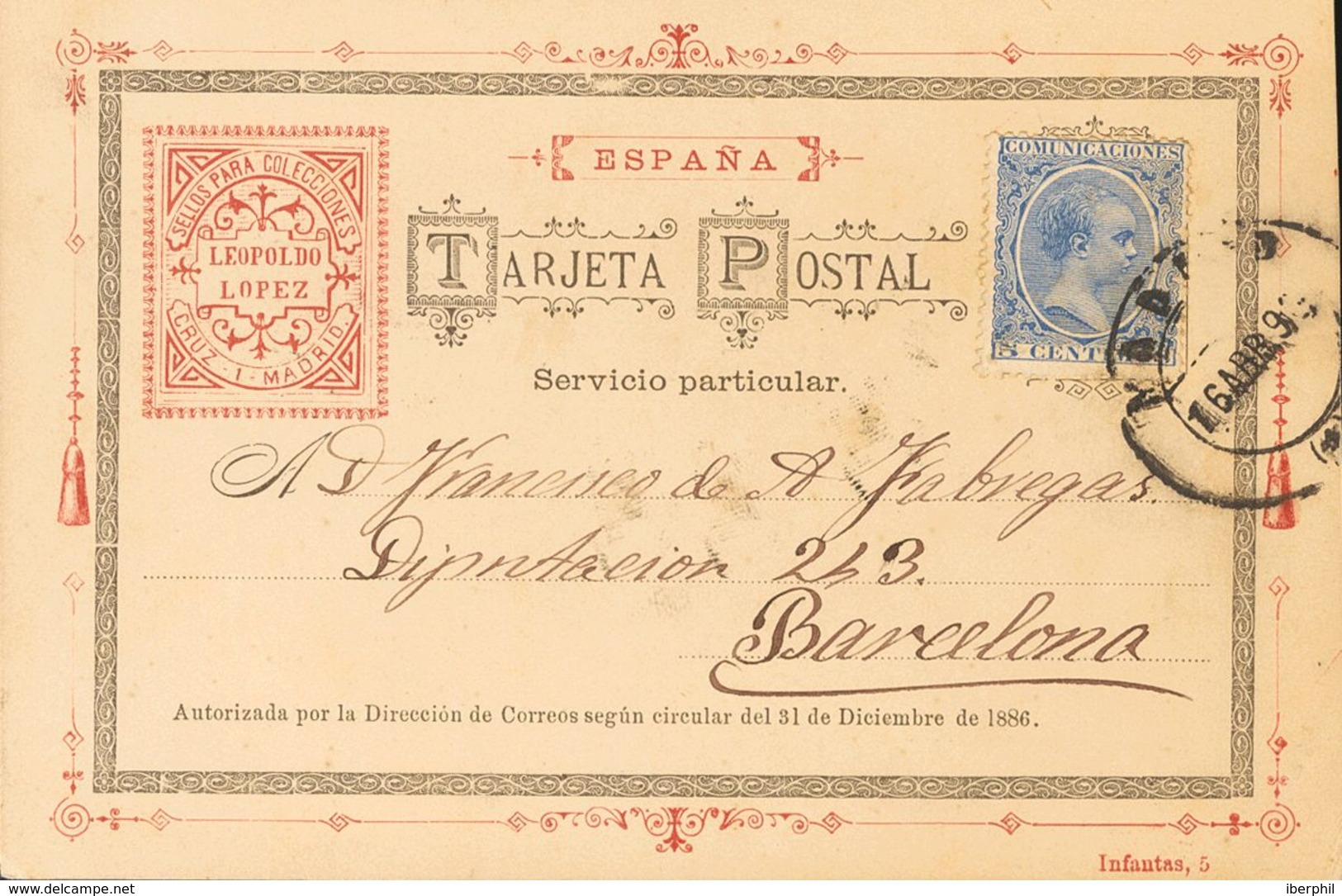 Sobre 215. 1890. 5 Cts Azul. Tarjeta Postal Decorada Con Membrete Del Comerciante Filatélico Leopoldo López De MADRID A  - Sonstige & Ohne Zuordnung