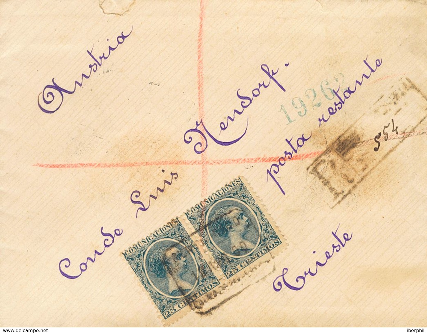 Sobre 221(2). 1900. 25 Cts Azul, Pareja. Certificado De PALMA DE MALLORCA A TRIESTE (AUSTRIA-HUNGRIA). Al Dorso Llegada. - Autres & Non Classés