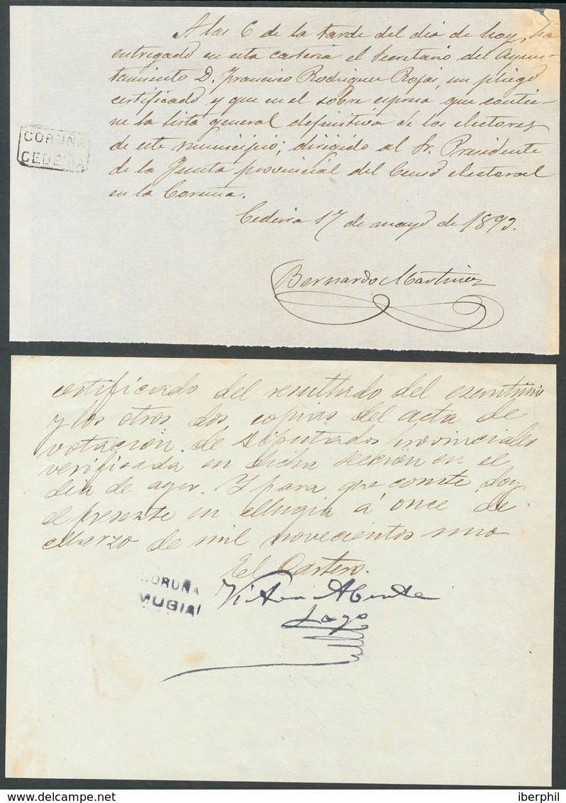 Sobre . 1899. Dos Resguardos, Uno De Depósito Y El Otro De Acta De Votación Con Marcas De Cartería CORUÑA / CEDEIRA Y CO - Autres & Non Classés