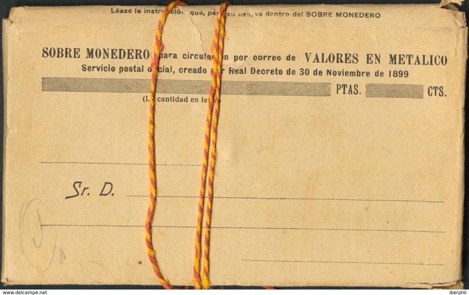 (*). 1899. Sobre-Monedero Para Circulación Por Correo De VALORES EN METALICO, Sin Circular Con Numeración Y Textos Al Do - Andere & Zonder Classificatie