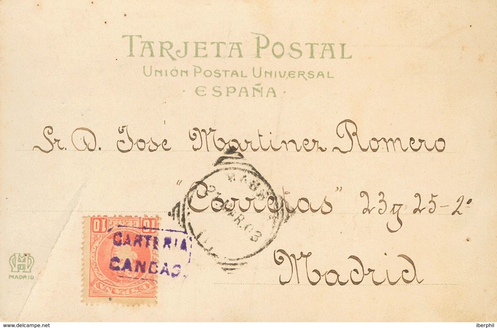 Sobre 243. 1903. 10 Cts Rojo. Tarjeta Postal De CANDAS (ASTURIAS) A MADRID. Matasello CARTERIA / CANDAS, En Violeta. MAG - Andere & Zonder Classificatie