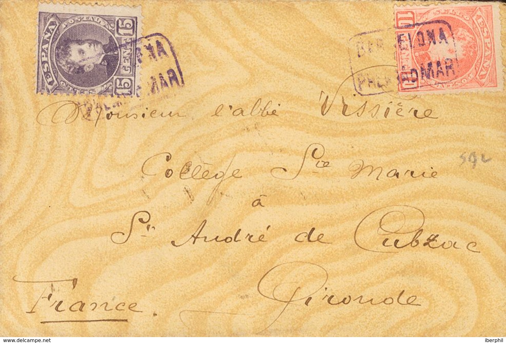 Sobre 243, 245. 1904. 10 Cts Rojo Y 15 Cts Lila Castaño. PREMIA DE MAR A SAINT ANDRE DE CUBZAC (FRANCIA). Matasello Cart - Autres & Non Classés