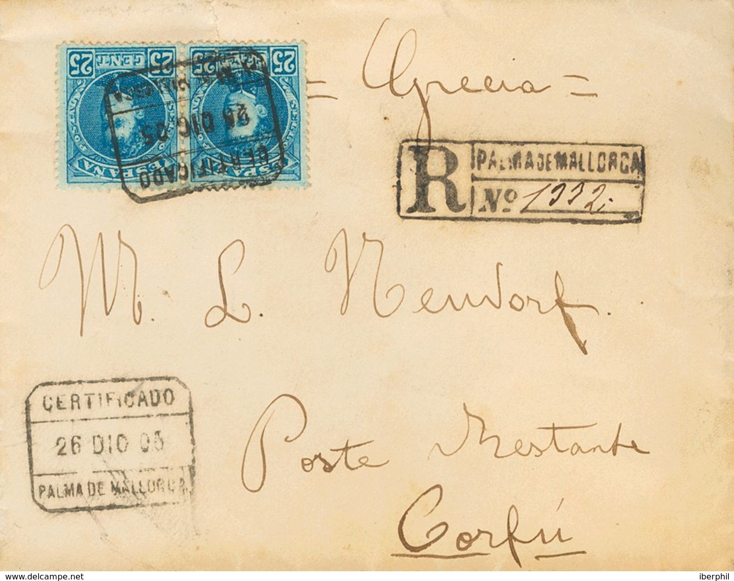 Sobre 248(2). 1905. 25 Cts Azul, Pareja. Certificado De PALMA DE MALLORCA A CORFU (GRECIA). Al Dorso Tránsito. MAGNIFICA - Autres & Non Classés
