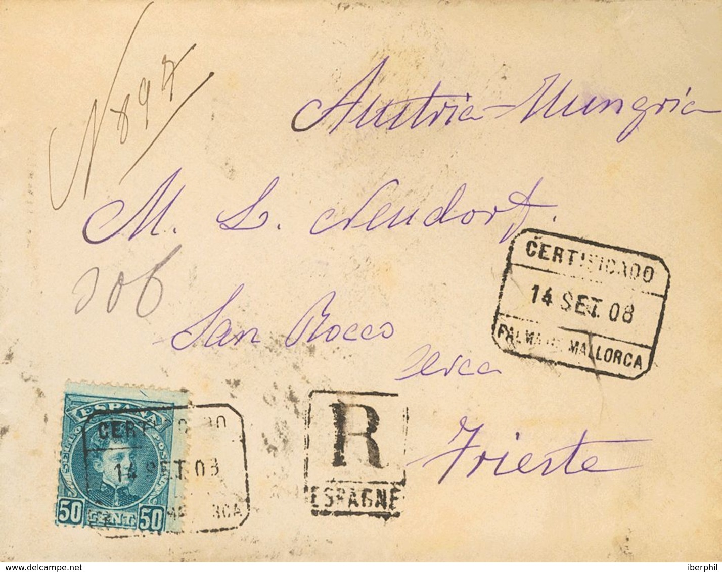 Sobre 252. 1908. 50 Cts Azul Verde. Certificado De PALMA DE MALLORCA A TRIESTE (AUSTRIA-HUNGRIA). Al Dorso Llegada. MAGN - Autres & Non Classés
