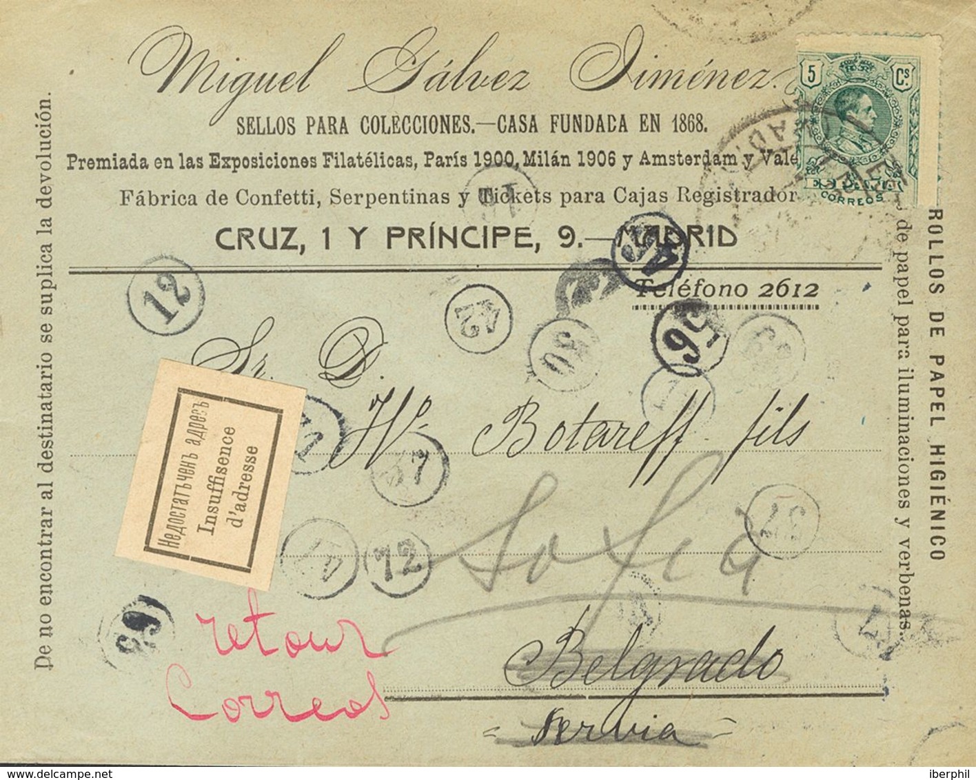 Sobre 268. 1912. 5 Cts Verde. Carta Con Membrete De Miguel Gálvez De MADRID A BELGRADO (SERBIA), Reexpedida A SOFIA (BUL - Autres & Non Classés