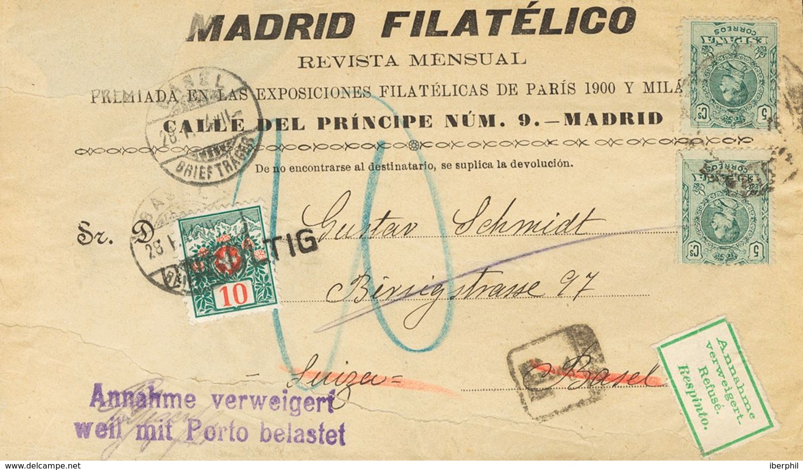 Sobre 268(2). 1914. 5 Cts Verde. Faja De Periódico Con Membrete Madrid Filatélico De MADRID A BASILEA (SUIZA). Tasada A  - Andere & Zonder Classificatie