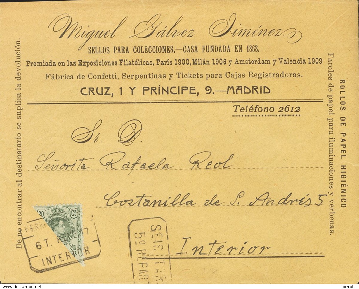 Sobre 272. 1917. 20 Cts Verde Bronce BISECTADO. Carta Con Membrete De Miguel Gálvez Certificada Por Correo Interior. MAG - Autres & Non Classés