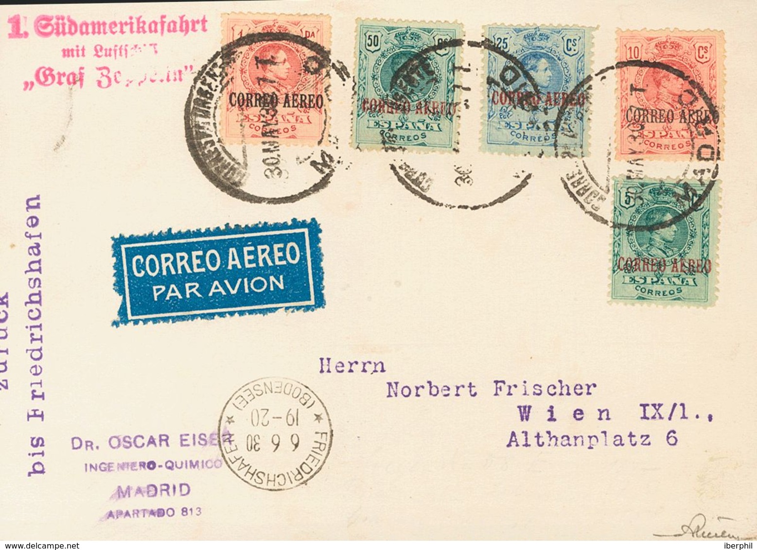 Sobre 292/96. 1920. Serie Completa. Tarjeta Postal Graf Zeppelin De MADRID A VIENA (AUSTRIA). En El Frente Marca 1 SUDAM - Autres & Non Classés