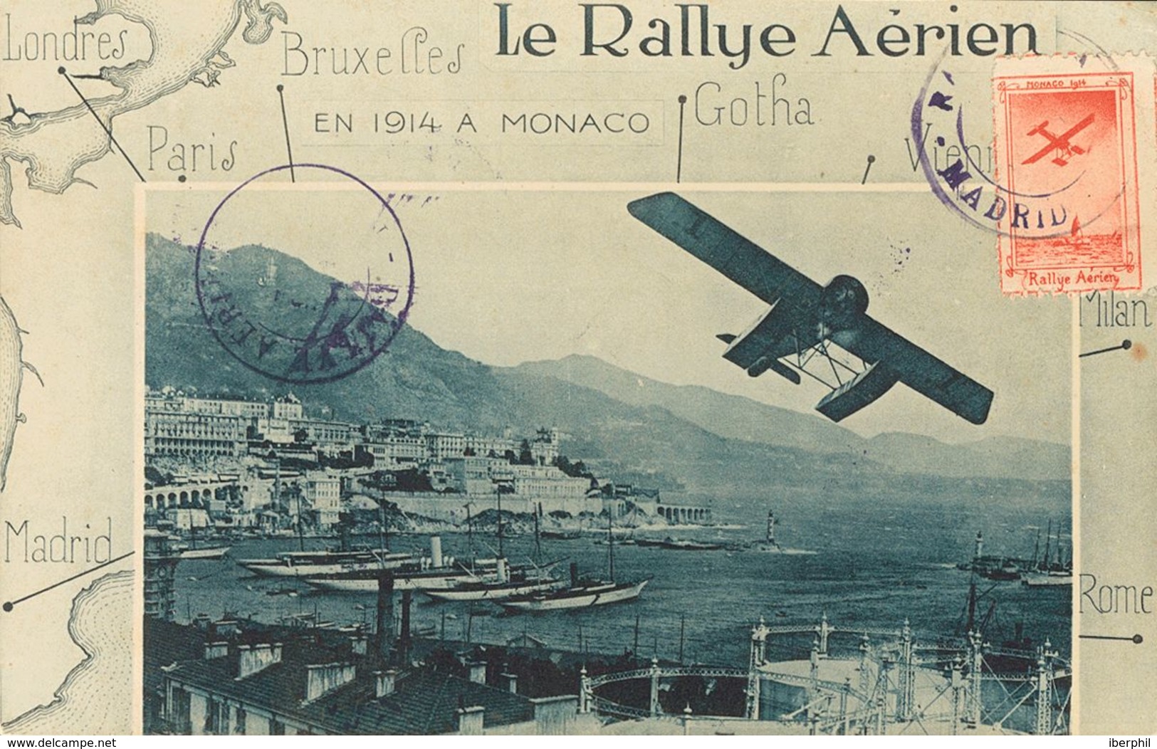 Sobre Yv . 1914. Sin Valor, Rosa Sobre Tarjeta Postal RALLY AERIEN De MADRID A MONACO. MAGNIFICA. - Autres & Non Classés