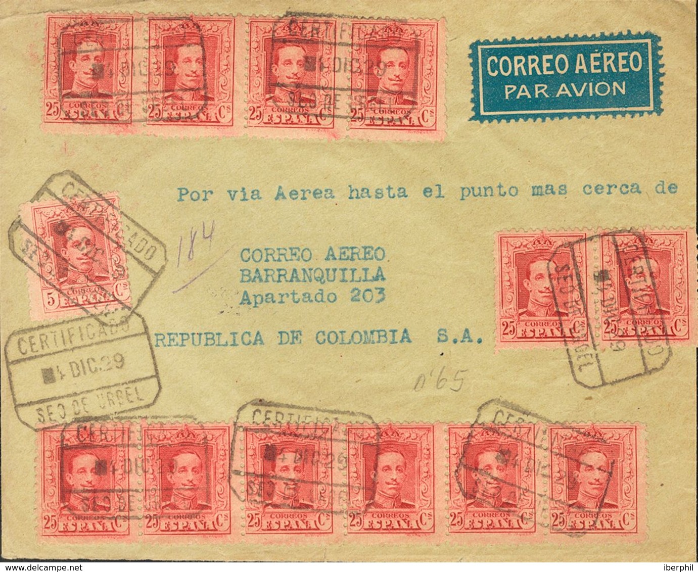 Sobre 312, 317A(12). 1929. 5 Cts Carmín Y 25 Cts Carmín, Doce Sellos. Certificado De LA SEO DE URGELL (GERONA) A BARRANQ - Sonstige & Ohne Zuordnung