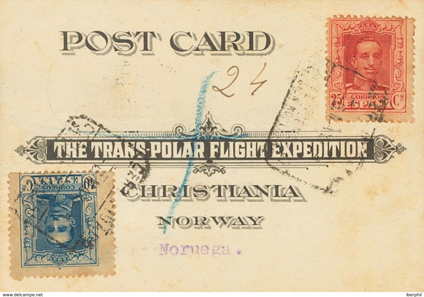 Sobre 317, 319. 1925. 25 Cts Y 40 Cts. Tarjeta Certificada "THE TRANS-POLAR FLIGHT EXPEDITION" De MADRID A CHRISTIANA Y  - Autres & Non Classés