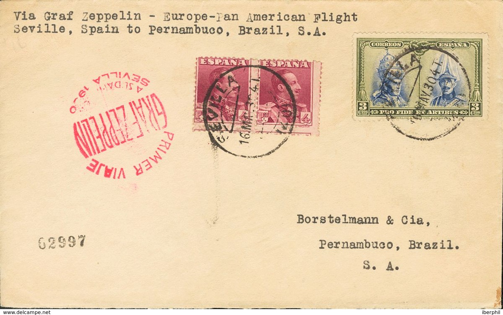 Sobre 405, 322(2). 1930. 3 Cts Verde Y Azul Y 4 Pts Carmín, Dos Sellos. Graf Zeppelin De SEVILLA A PERNAMBUCO (BRASIL).  - Autres & Non Classés