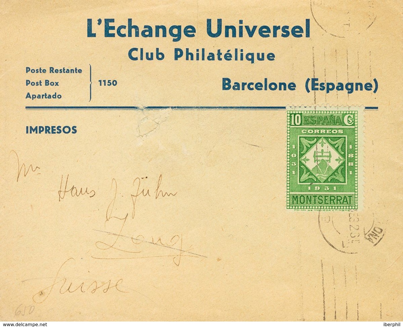 Sobre 639. 1932. 10 Cts Verde. Carta Con Membrete L'Echange Universel Club Filatelique De BARCELONA A ZONG (SUIZA). MAGN - Autres & Non Classés