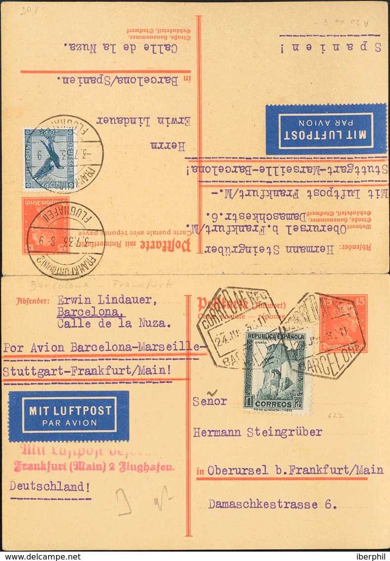 Sobre 673. 1933. 15 Cts+15 Cts Naranja Sobre Tarjeta Entero Postal (de Ida Y Vuelta), La Ida De FRANKFURT A BARCELONA, C - Autres & Non Classés