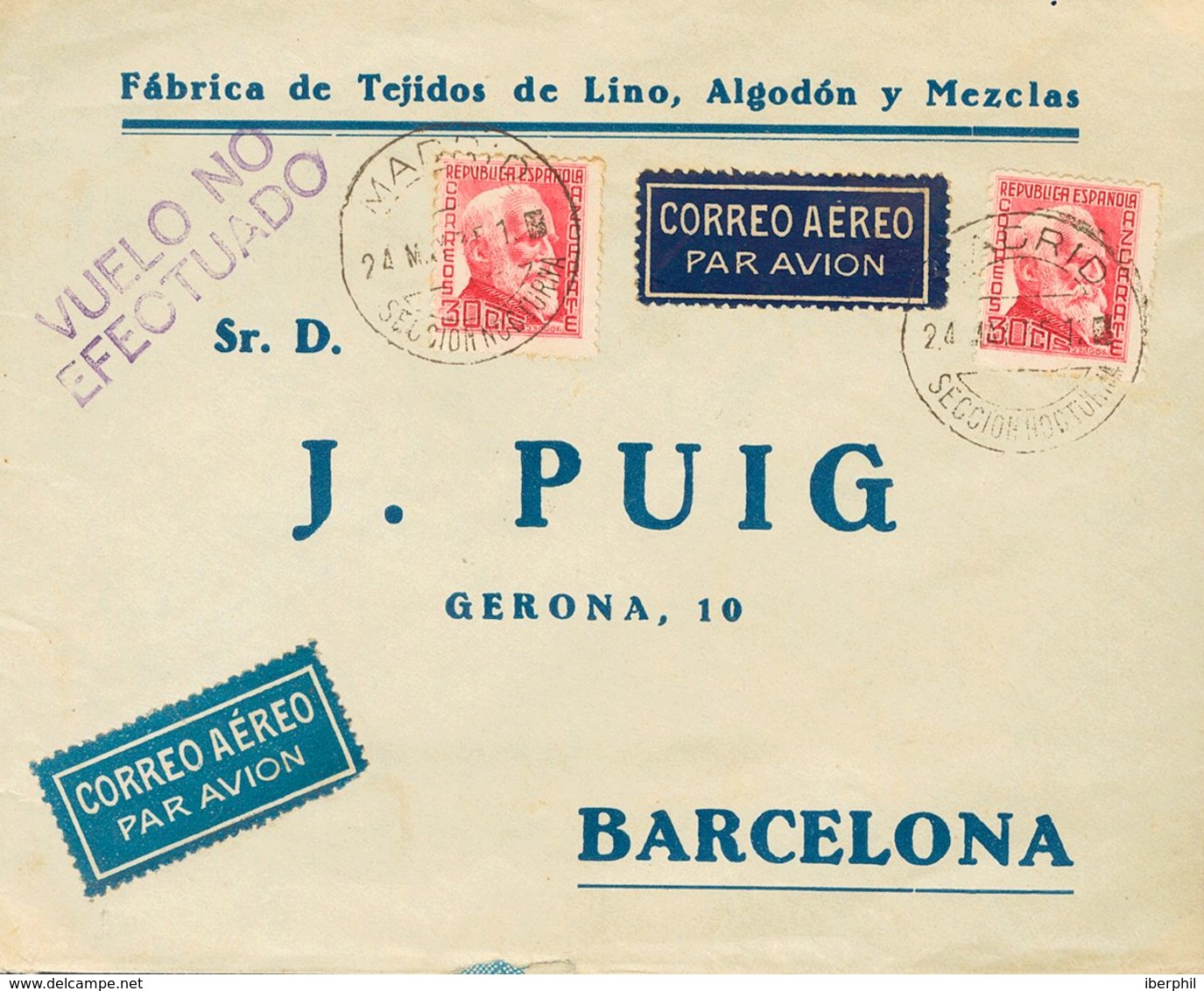 Sobre 686(2). 1935. 30 Cts Carmín, Dos Sellos. Correo Aéreo De MADRID A BARCELONA. En El Frente Marca VUELO NO / EFECTUA - Autres & Non Classés