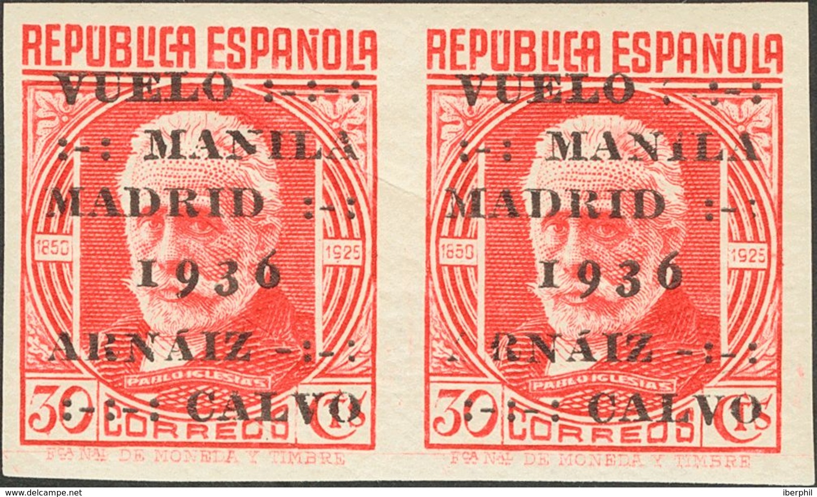 **741s(2). 1936. 30 Cts Rojo, Pareja. SIN DENTAR. MAGNIFICA. Edifil 2019: 340 Euros - Autres & Non Classés