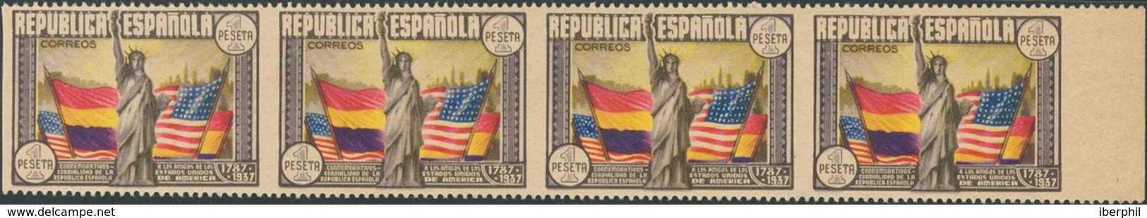 **763sv(4). 1938. 1 Pts Multicolor, Tira De Cuatro. Variedad SIN DENTADO VERTICAL. MAGNIFICA Y RARO BLOQUE DE ESTE TAMAÑ - Autres & Non Classés