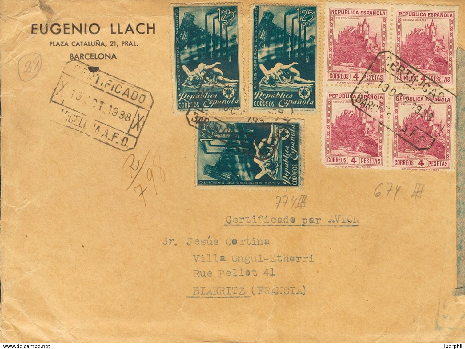 Sobre 771(4), 774(3). 1938. 4 Pts Lila Rosa, Bloque De Cuatro Y 1'25 Pts Azul, Tres Sellos. Carta Con Membrete Del Comer - Autres & Non Classés