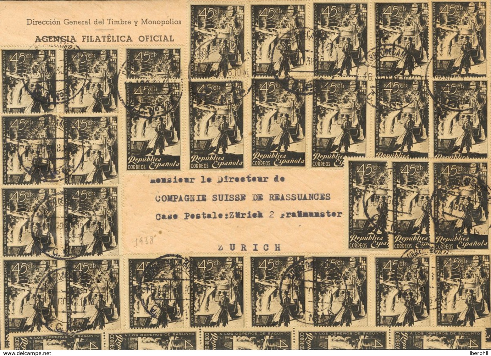 Sobre 773(59). 1938. 45 Cts Negro, Cincuenta Y Nueve Sellos. Carta Filatélica Dirigida A ZURICH (SUIZA), De La Agencia F - Autres & Non Classés