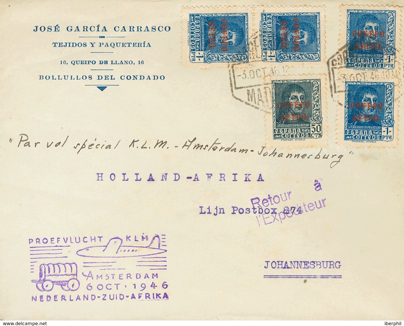 Sobre 845, 846(4). 1946. 50 Cts Pizarra Y 1 Pts Azul, Cuatro Sellos. Correo Aéreo De BOLLULLOS DEL CONDADO (HUELVA) A JO - Autres & Non Classés