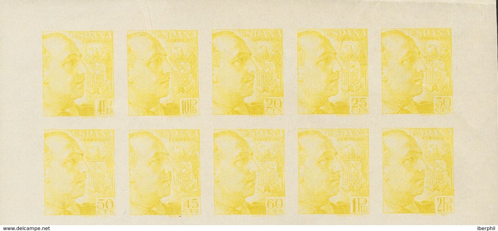 *867/78P. 1939. Serie Completa, Excepto El 40 Cts Y El 70 Cts, Reunida En Un Bloque. PRUEBA DE PLANCHA, En Amarillo Y So - Autres & Non Classés