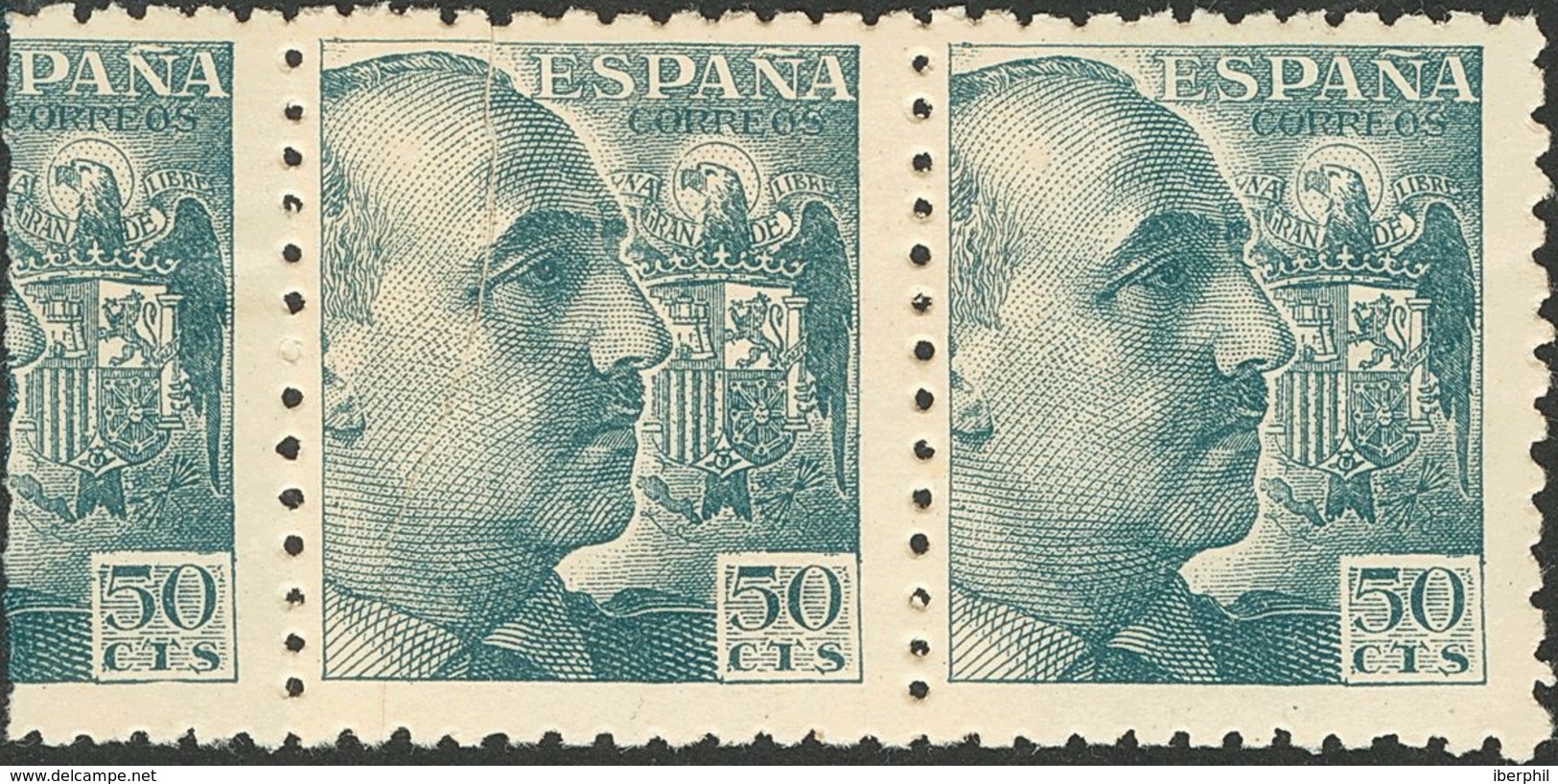 **927x(2). 1940. 50 Cts Gris Azul, Tira De Tres. Un Sello (parcial) EMPALME DE PAPEL. MAGNIFICA. - Autres & Non Classés