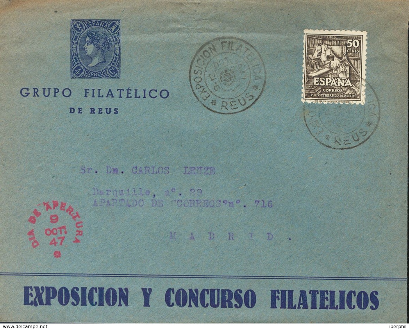 Sobre 1012. 1947. 50 Cts Negro. Carta Con Membrete Del Grupo Filatélico De Reus Dirigida A MADRID. Matasello EXPOSICION  - Autres & Non Classés