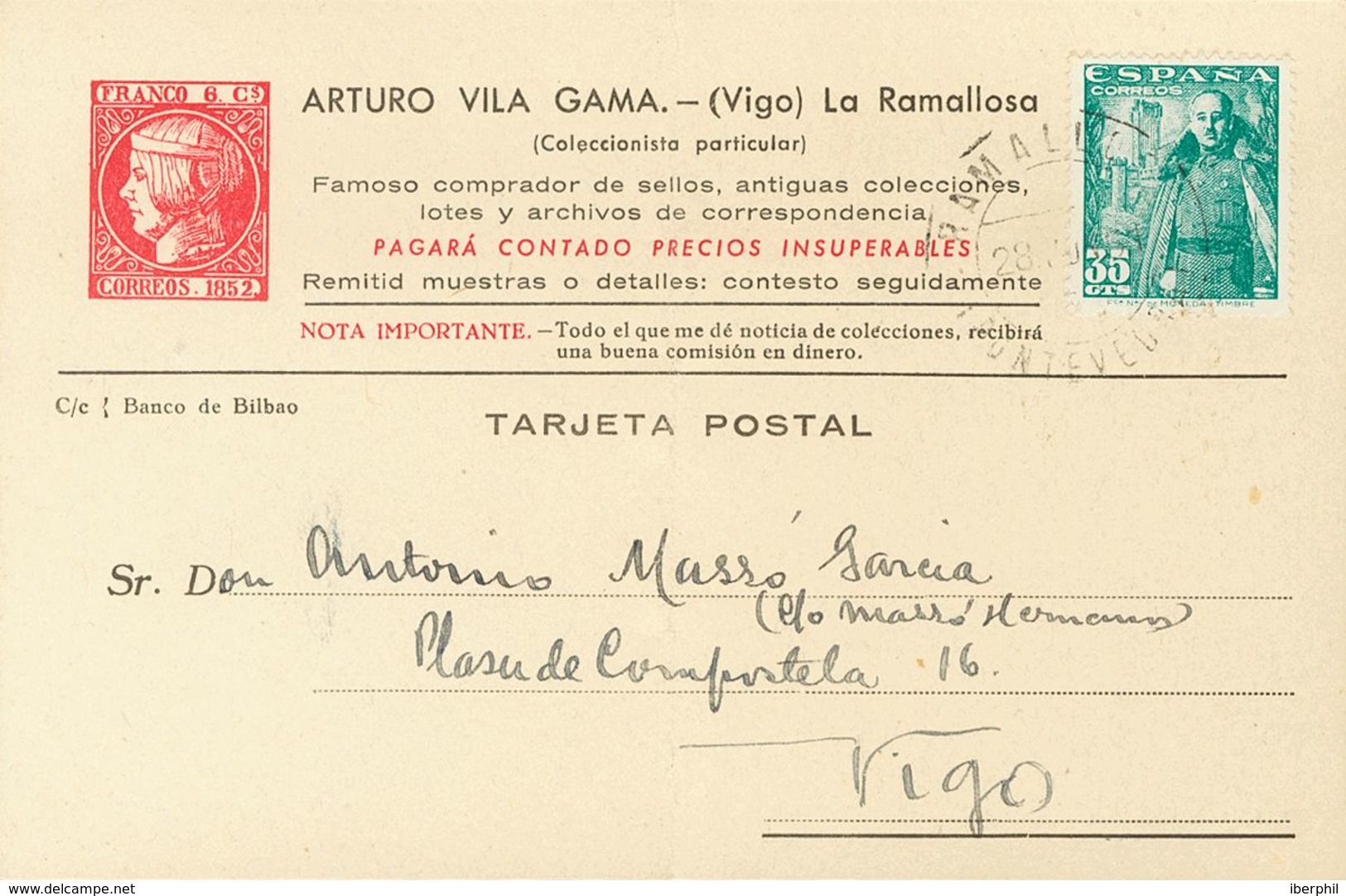 Sobre 1026, 1028. 1951. Conjunto De Dos Tarjertas Postales Con Membrete Del Comerciante Filatélico Arturo Vila Ambas Cir - Autres & Non Classés