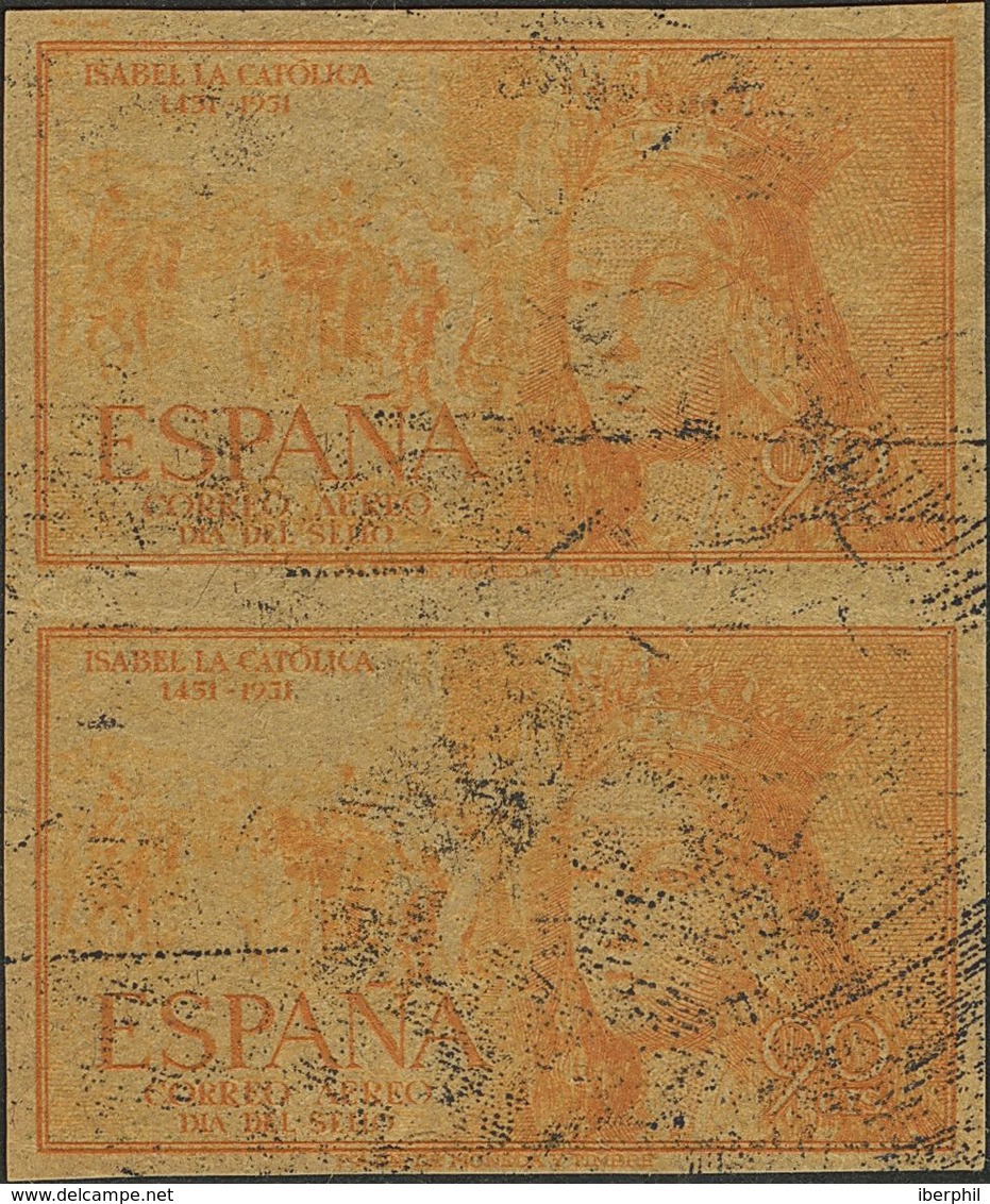 (*)1098P(2). 1951. 90 Cts Naranja, Pareja. PRUEBA DE IMPRESION, Sobre Papel Verde Gris. MAGNIFICA Y RARISIMA. - Autres & Non Classés