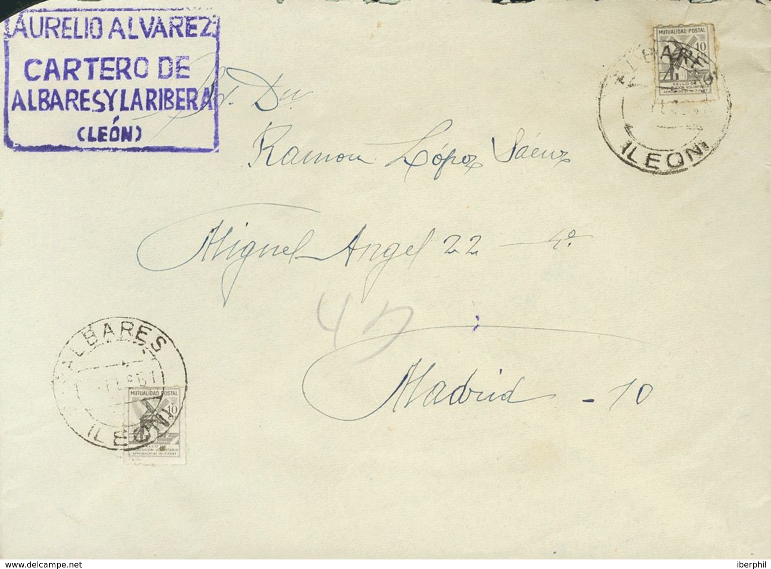 Sobre . 1951. 10 Cts Negro De Mutualidad Postal, Dos Sellos. ALBARES A MADRID. En El Frente Marca AURELIO ALVAREZ / CART - Autres & Non Classés