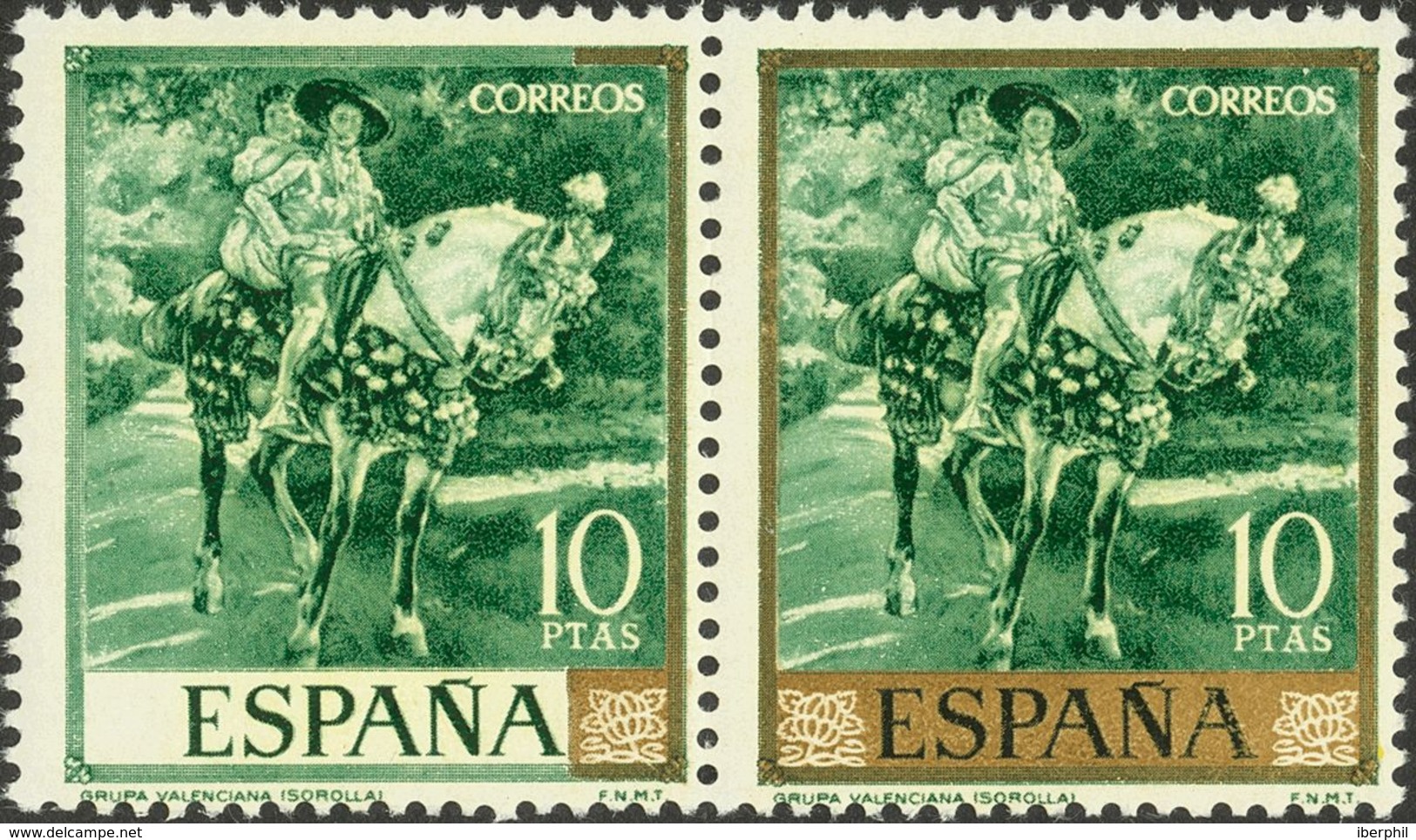 **1575(2). 1964. 10 Pts Verde Y Oro, Pareja. Un Sello Variedad FALTA PARCIAL DEL COLOR ORO. MAGNIFICO Y RARISIMO. Cert.  - Autres & Non Classés