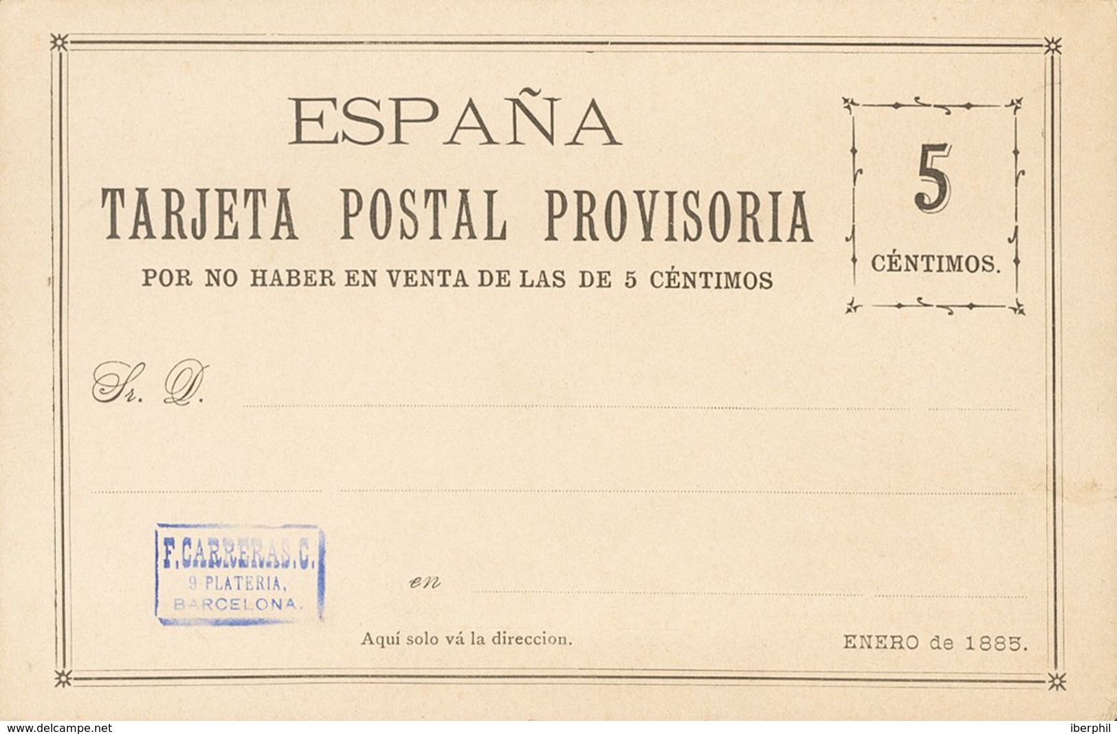(*)EPCC2. 1885. 5 Cts Negro. TARJETA POSTAL PROVISORIA DE CARRERAS CANDI (con Marquilla En Violeta). MAGNIFICA. - Andere & Zonder Classificatie