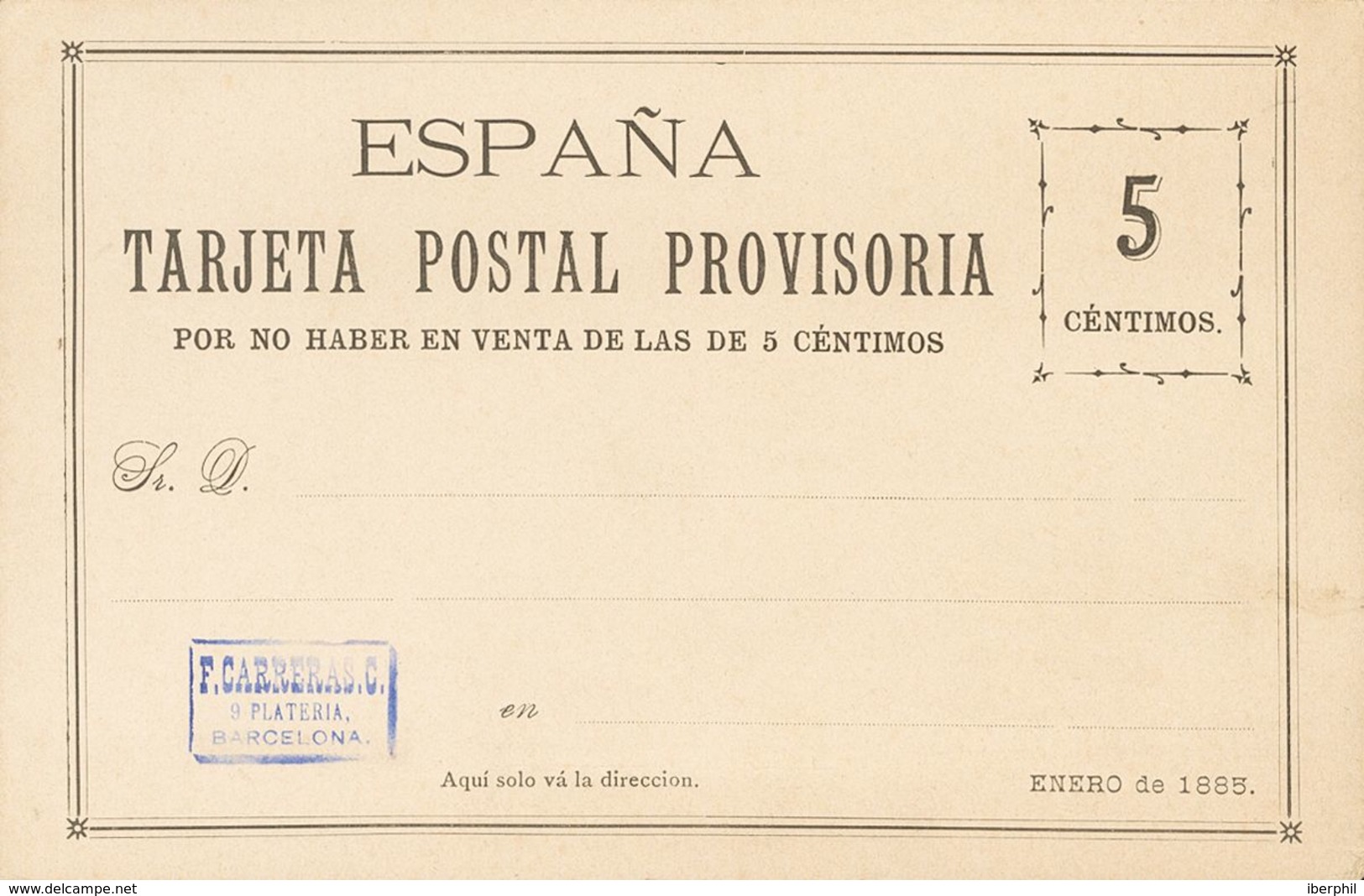 (*)EPCC2. 1885. 5 Cts Negro. TARJETA POSTAL PROVISORIA DE CARRERAS CANDI (con Marquilla En Violeta). MAGNIFICA. - Sonstige & Ohne Zuordnung