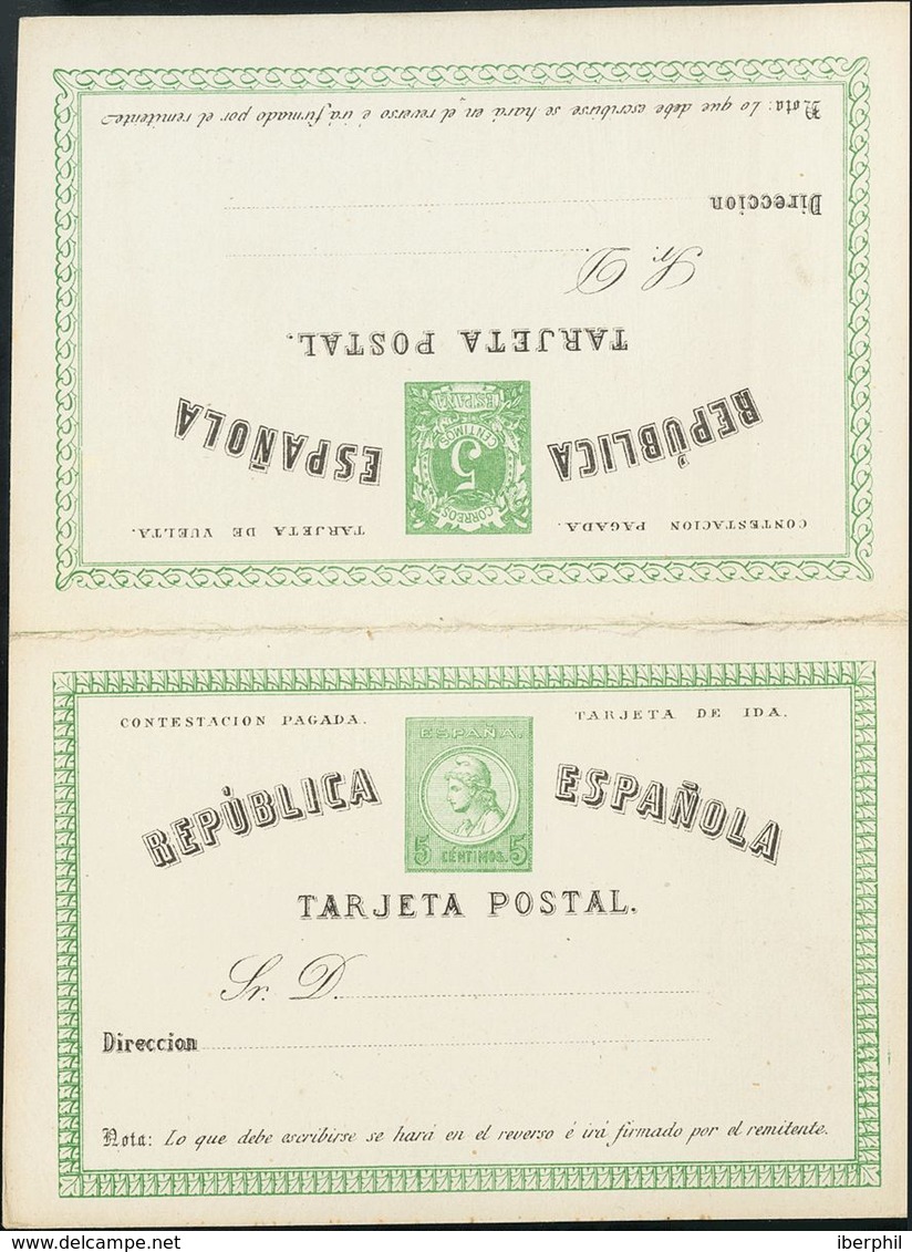 (*)EP4. 1873. 5 Cts+5 Cts Verde Sobre Tarjeta Entero Postal, De Ida Y Vuelta. MAGNIFICA. Edifil 2019: 106 Euros - Autres & Non Classés