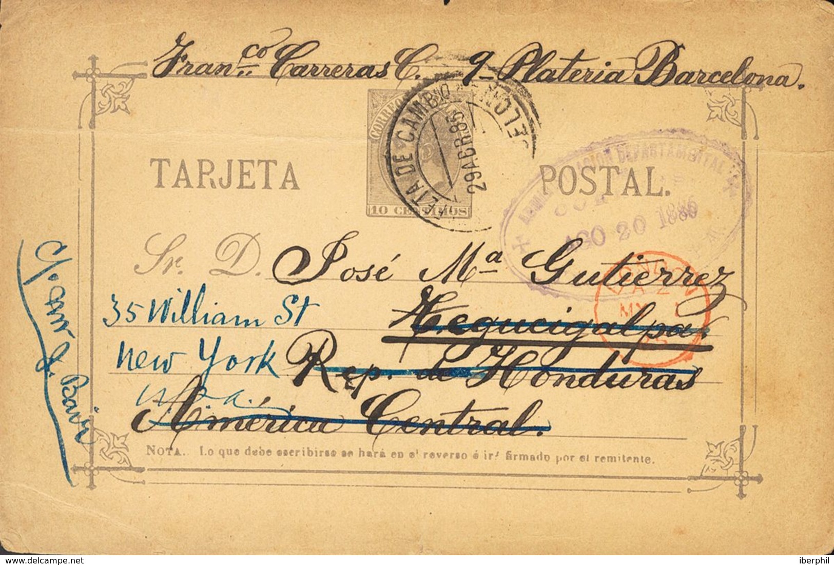 Sobre EP11. 1886. 10 Cts Violeta Gris (Tipo II) Sobre Tarjeta Entero Postal BARCELONA A TEGUCIGALPA (HONDURAS), Reexpedi - Andere & Zonder Classificatie