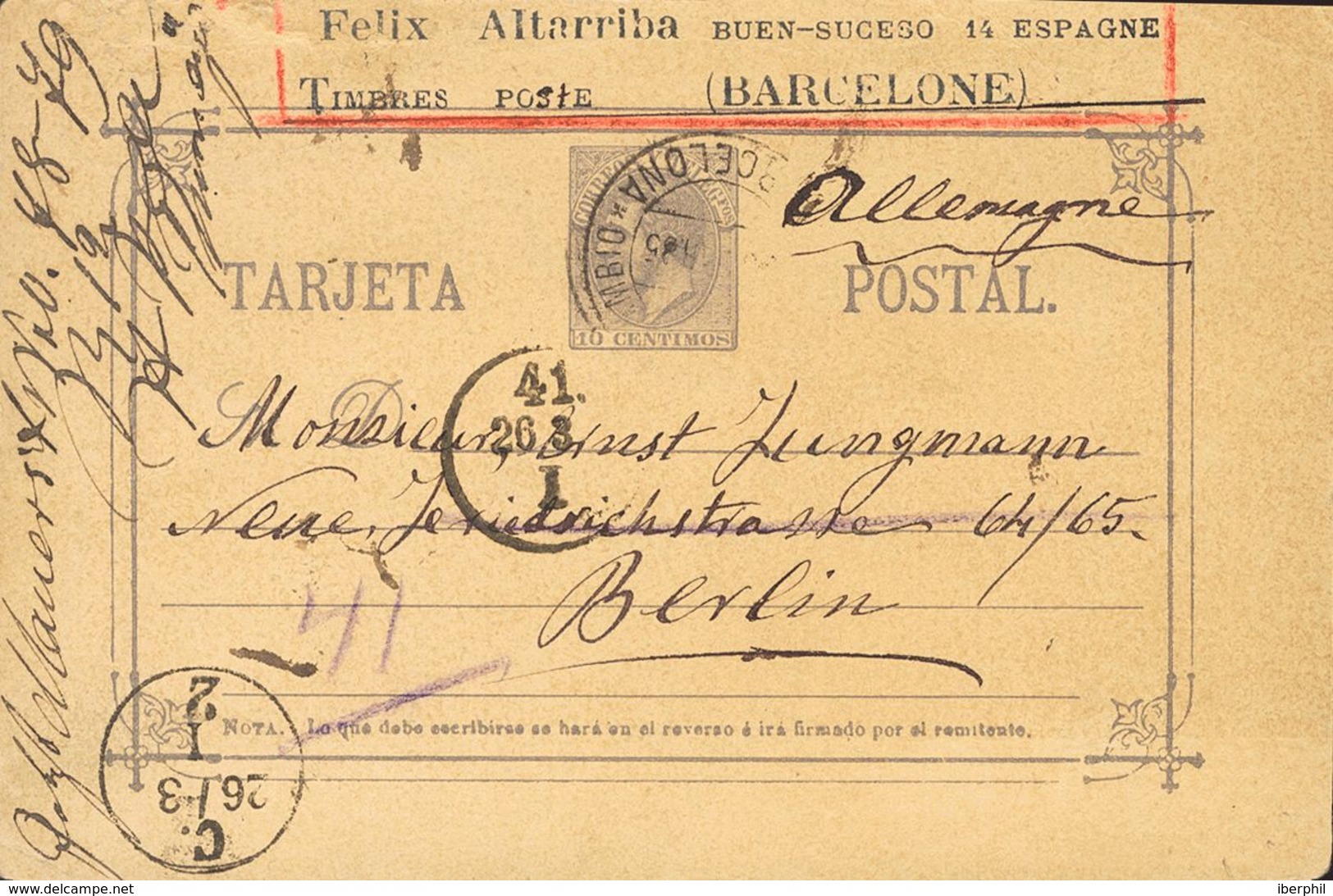 Sobre EP11. 1885. 10 Cts Violeta Gris (Tipo II) Sobre Tarjeta Entero Postal Con Membrete Del Comerciante Filatélico Féli - Andere & Zonder Classificatie