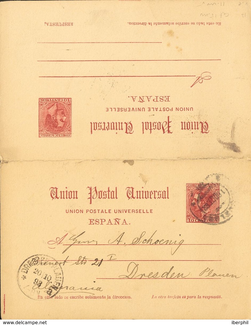 Sobre EP17. 1884. 10 Cts+10 Cts Carmín Sobre Tarjeta Entero Postal De Ida Y Vuelta, La Ida Circulada De BARCELONA A DRES - Sonstige & Ohne Zuordnung